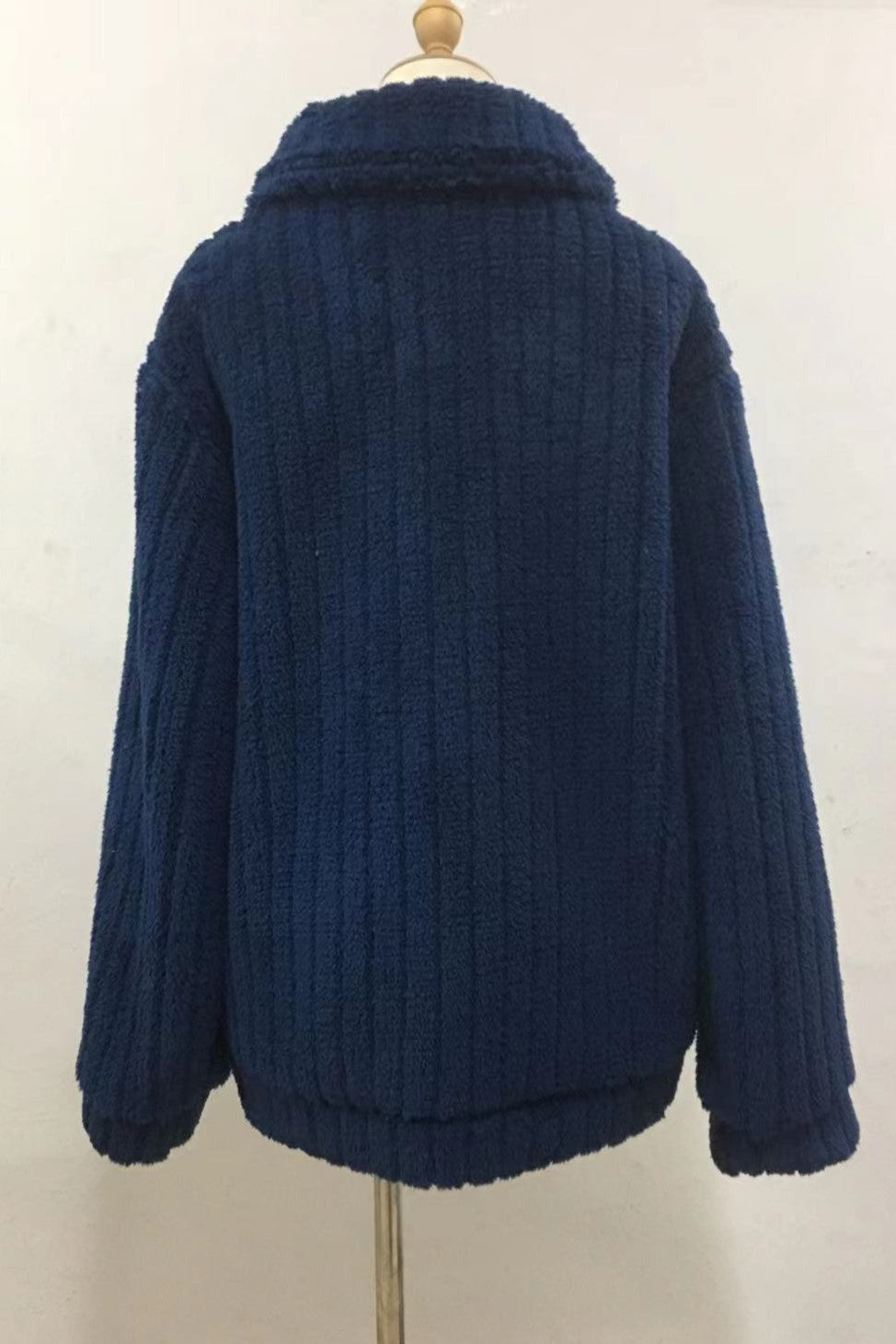 Ribbed Fuzzy Fleece Collared Zip Jacket - Navy - 2
