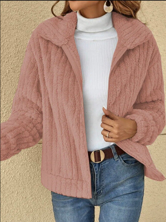 Ribbed Fuzzy Fleece Collared Zip Jacket - Pink