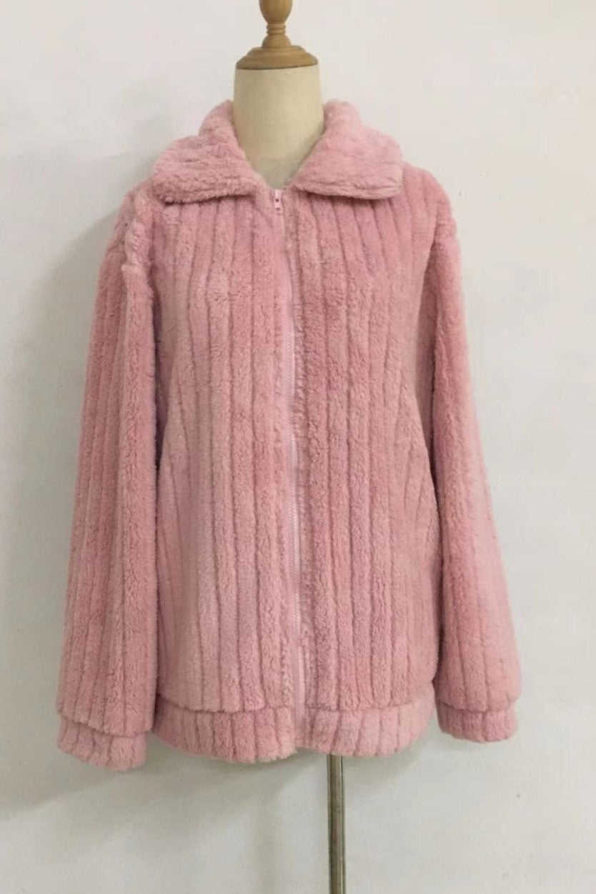 Ribbed Fuzzy Fleece Collared Zip Jacket - Pink - 1