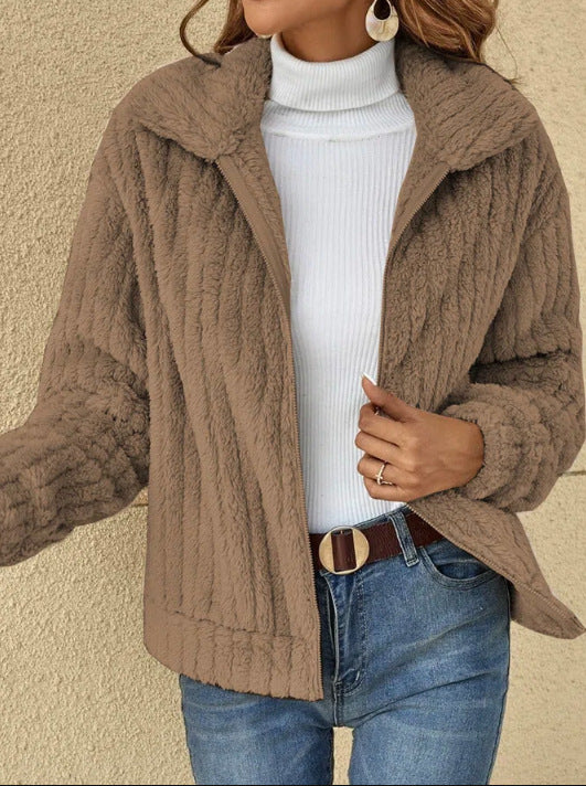 Ribbed Fuzzy Fleece Collared Zip Jacket - brown