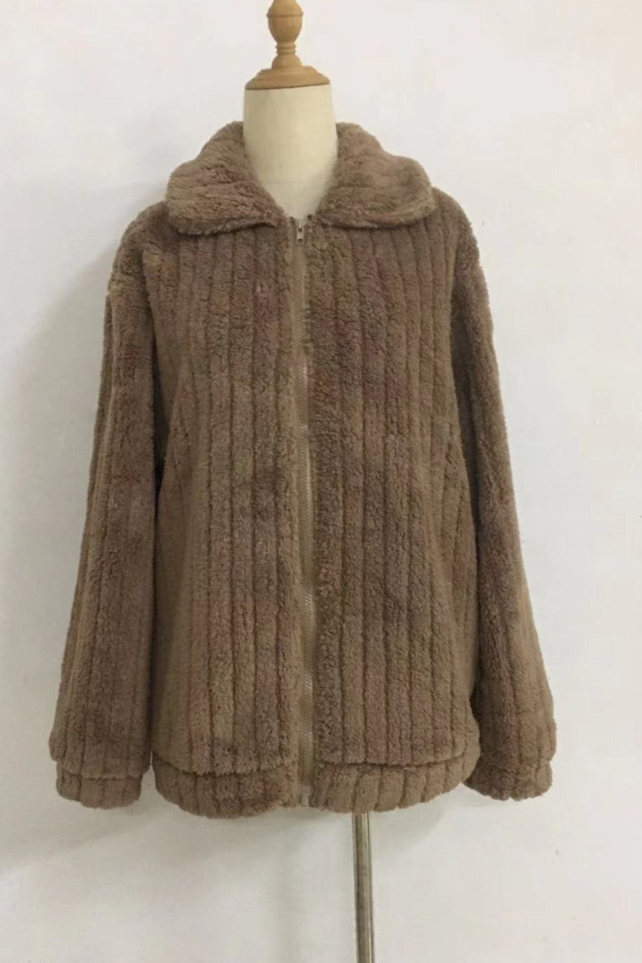 Ribbed Fuzzy Fleece Collared Zip Jacket - brown - 1