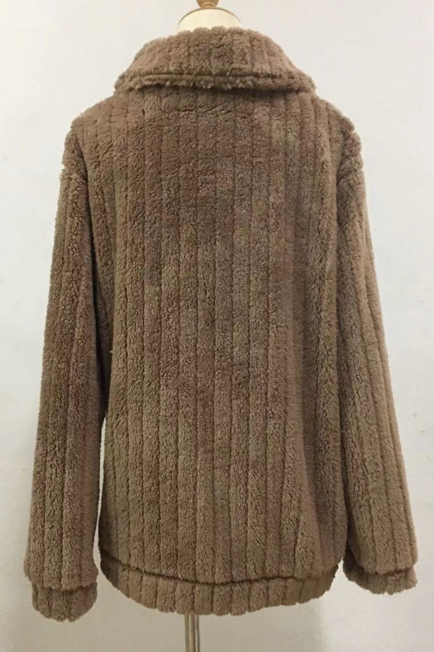 Ribbed Fuzzy Fleece Collared Zip Jacket - brown - 2