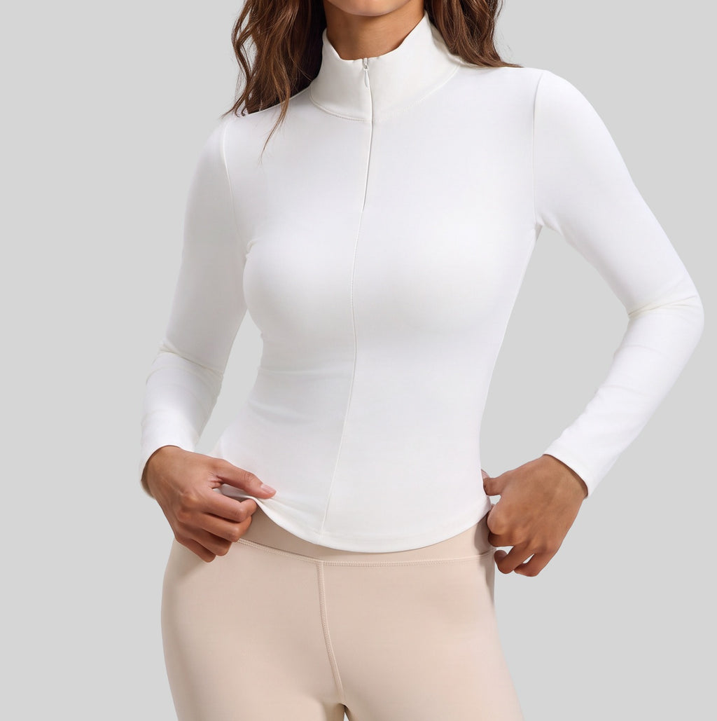 Stretch Slim Fit Half Zip Long Sleeve Workout Top - White