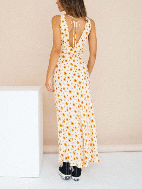 Mixed Print Bias Cut Open Back Maxi Dress - Apricot - 2