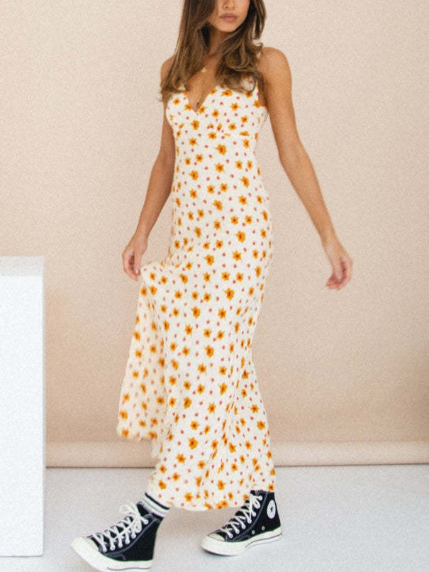 Mixed Print Bias Cut Open Back Maxi Dress - Apricot - 3