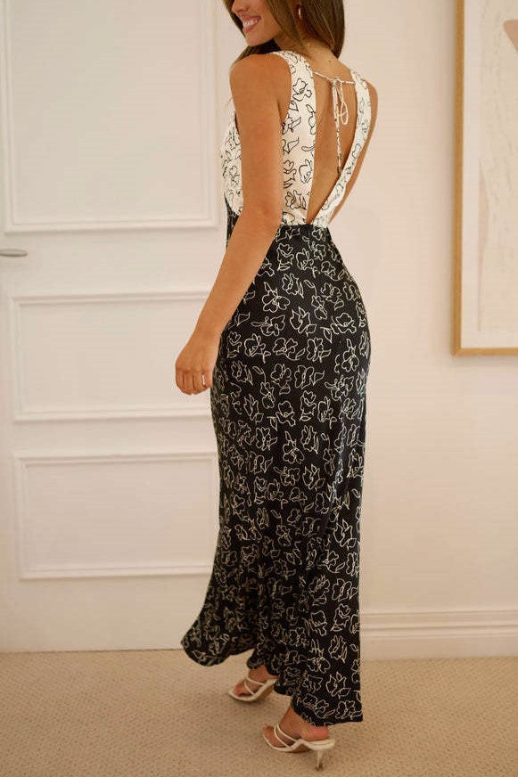 Mixed Print Bias Cut Open Back Maxi Dress - BlackWhite - 2