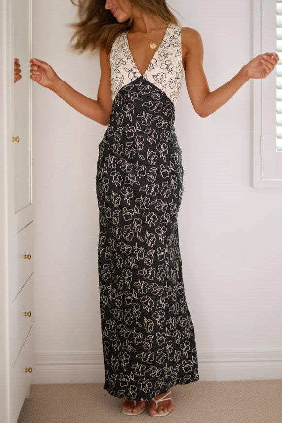 Mixed Print Bias Cut Open Back Maxi Dress - BlackWhite - 3