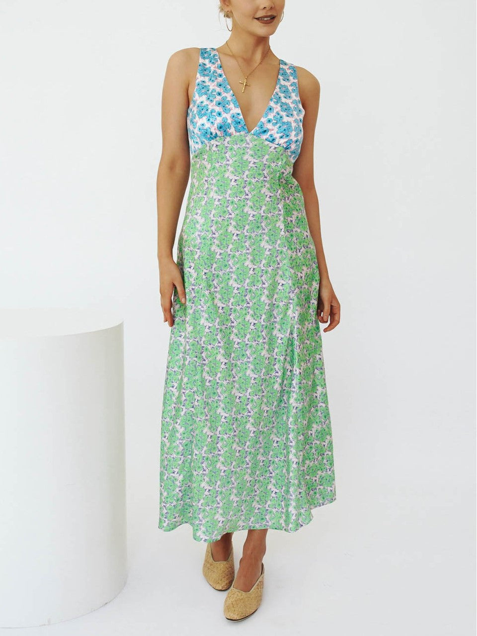 Mixed Print Bias Cut Open Back Maxi Dress - BlueGreen