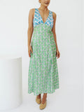 Mixed Print Bias Cut Open Back Maxi Dress - BlueGreen