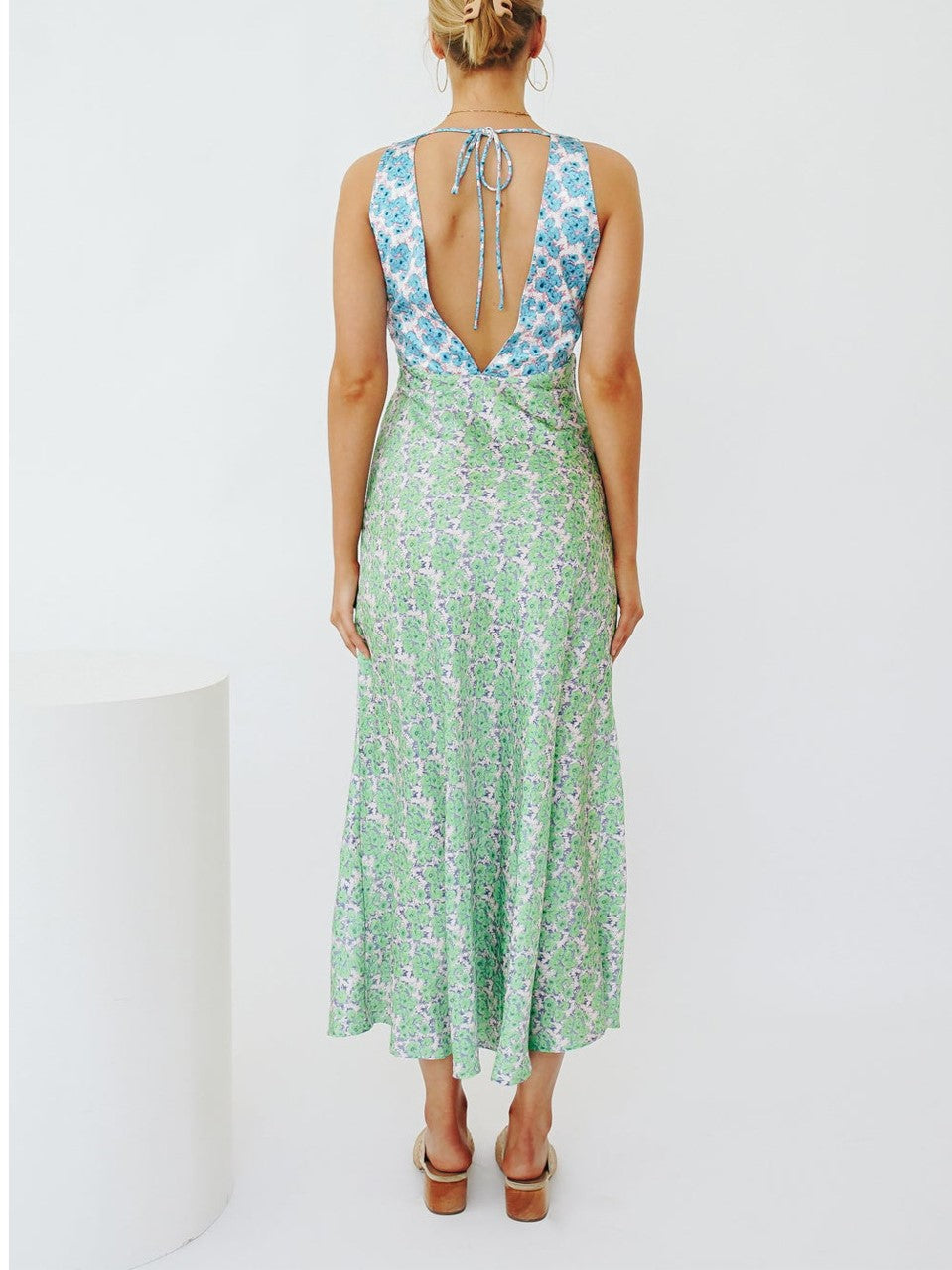 Mixed Print Bias Cut Open Back Maxi Dress - BlueGreen - 1