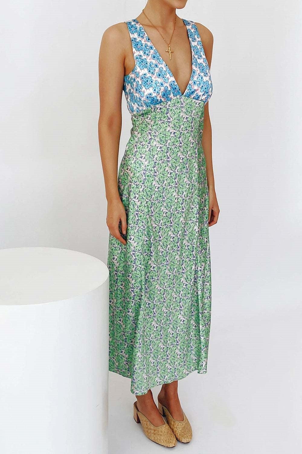 Mixed Print Bias Cut Open Back Maxi Dress - BlueGreen - 2