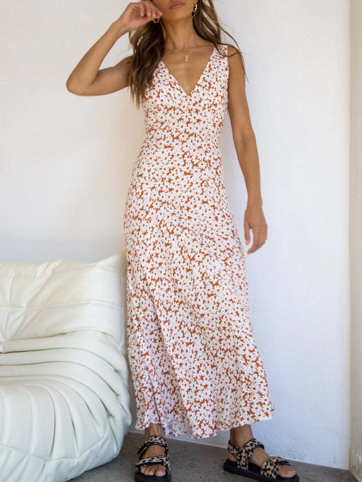 Mixed Print Bias Cut Open Back Maxi Dress - Coffee