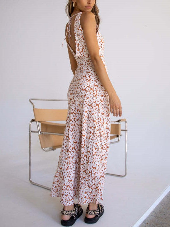 Mixed Print Bias Cut Open Back Maxi Dress - Coffee - 2