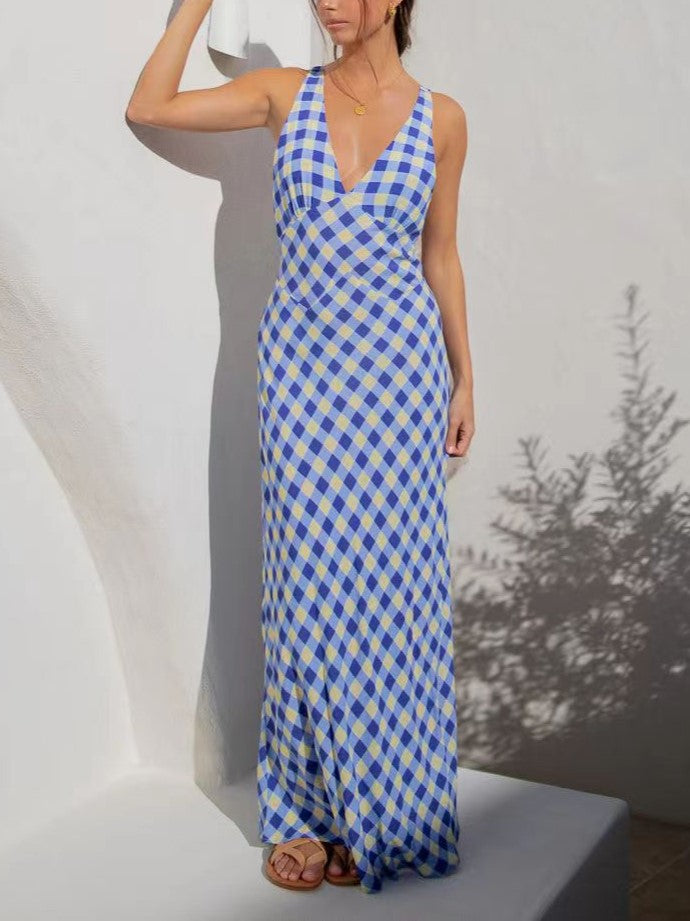 Mixed Print Bias Cut Open Back Maxi Dress - Lattice