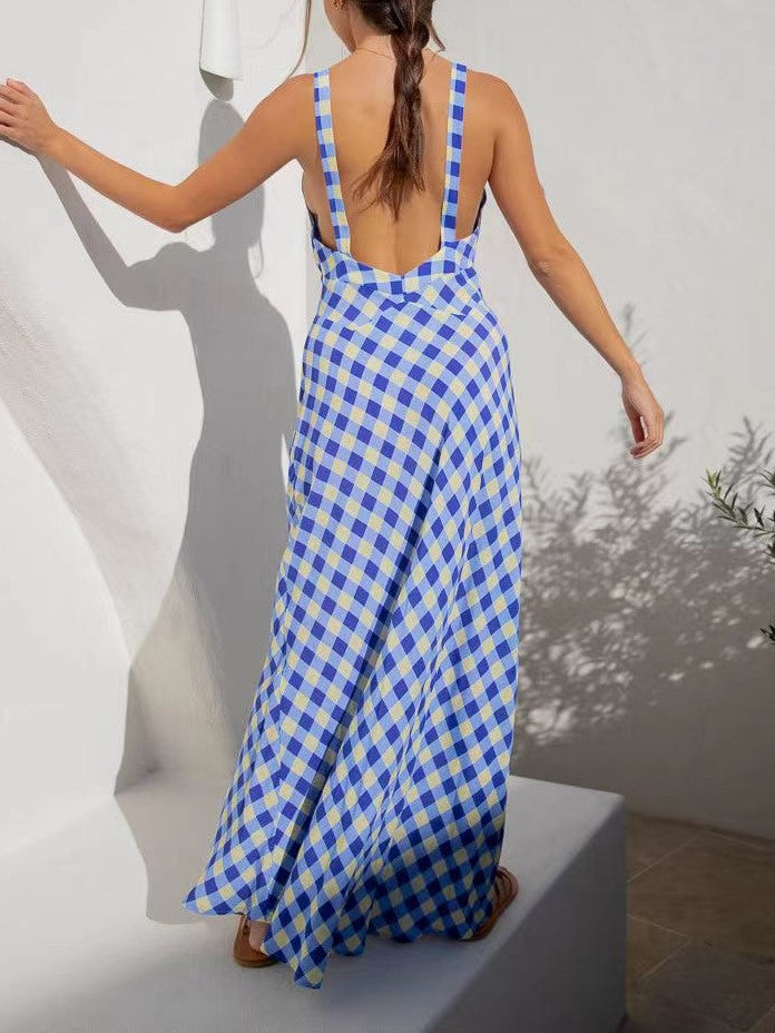Mixed Print Bias Cut Open Back Maxi Dress - Lattice - 1