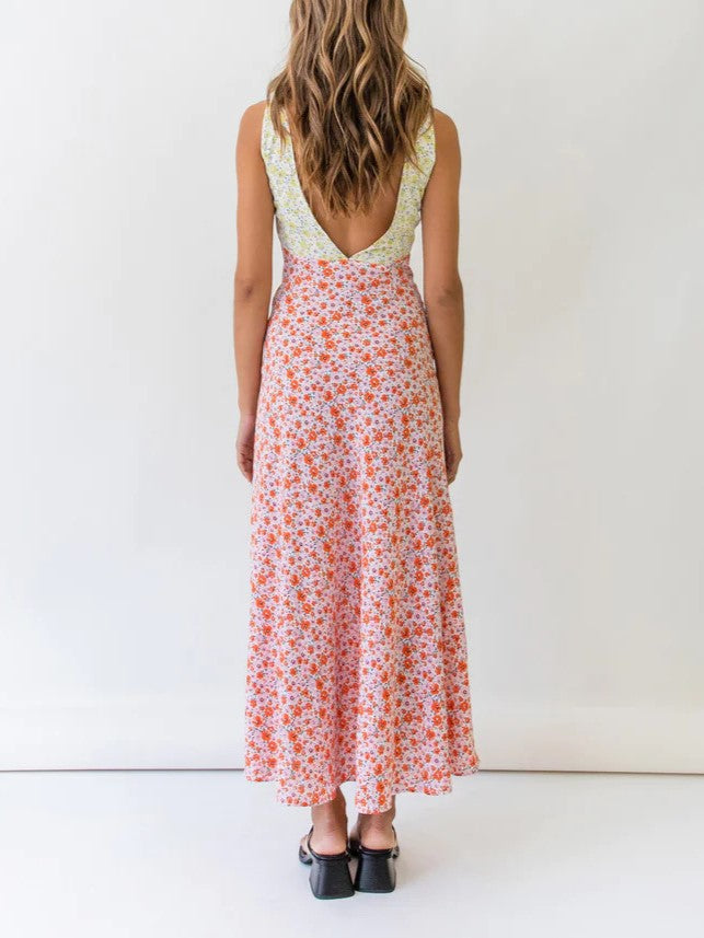 Mixed Print Bias Cut Open Back Maxi Dress - YellowRed - 1