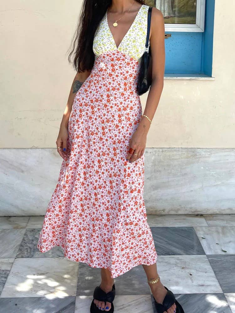 Mixed Print Bias Cut Open Back Maxi Dress