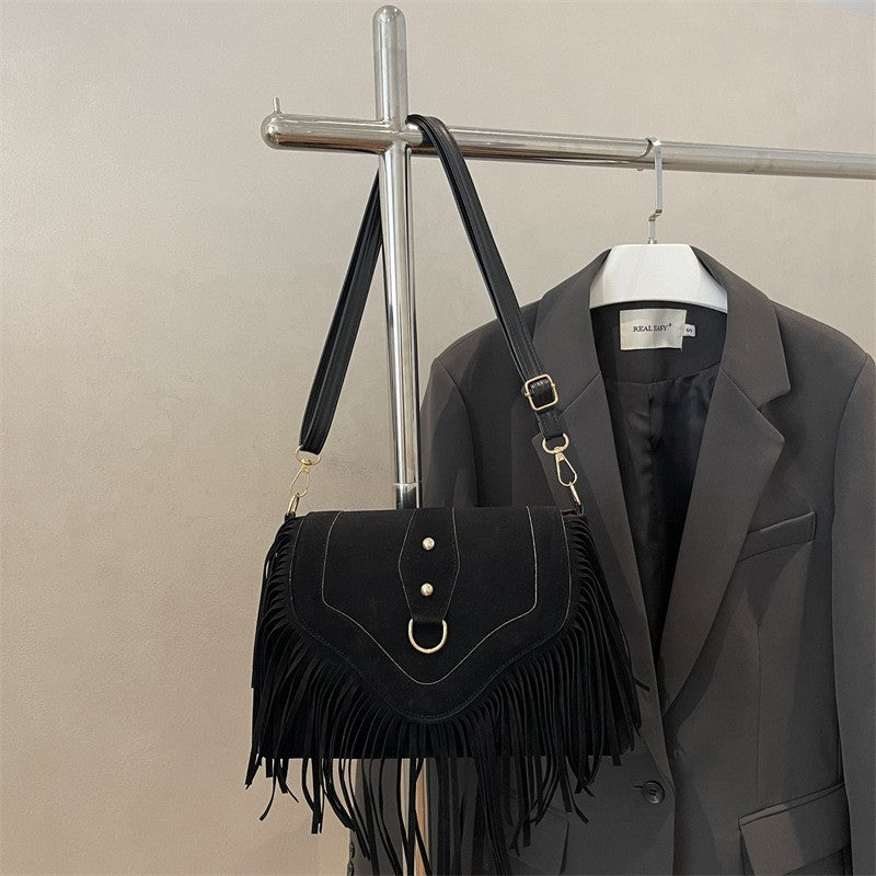 Fringed Faux Suede Western Crossbody Purse - Black