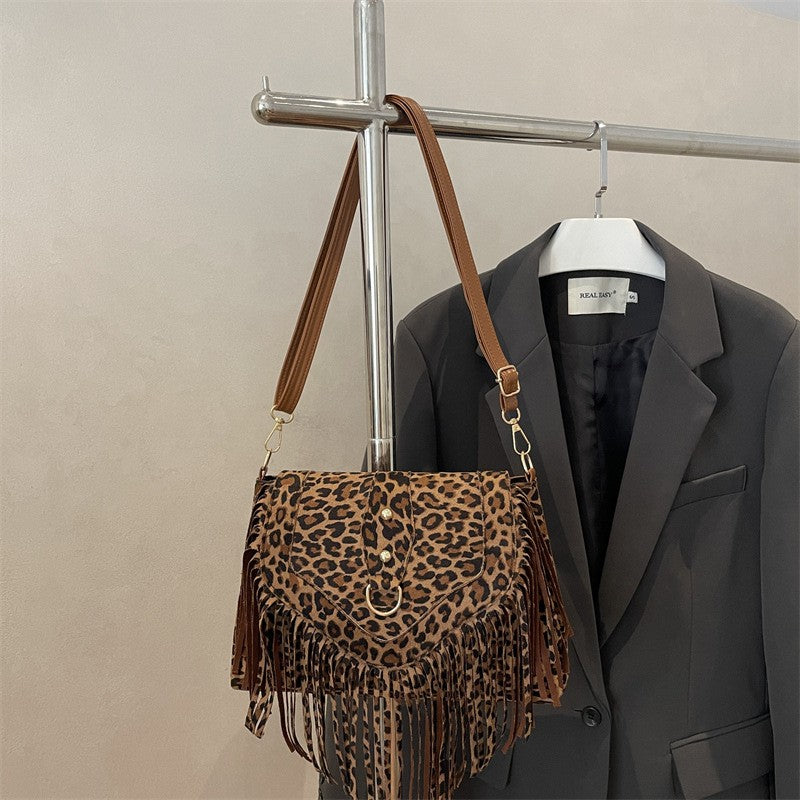 Fringed Faux Suede Western Crossbody Purse - Leopard