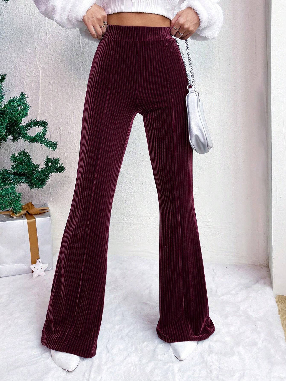 High Rise Ribbed Velvet Flare Pants - Burgundy