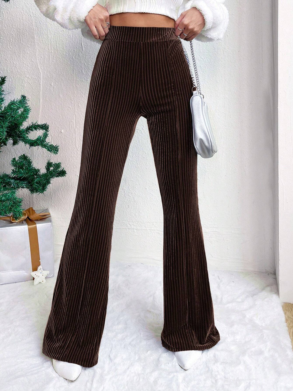 High Rise Ribbed Velvet Flare Pants - Coffee