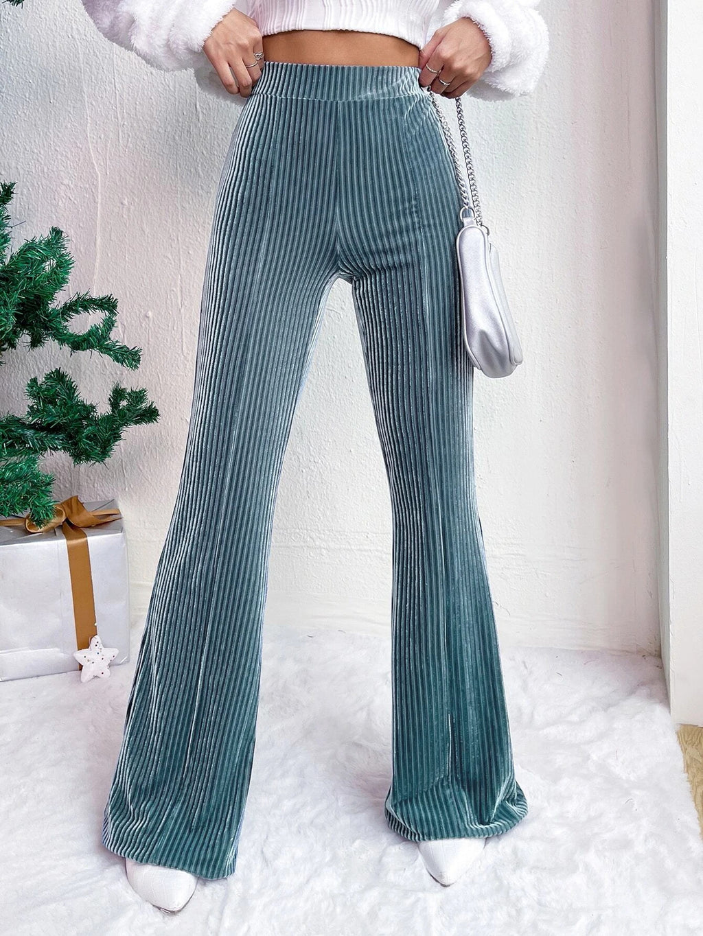 High Rise Ribbed Velvet Flare Pants - HazeBlue