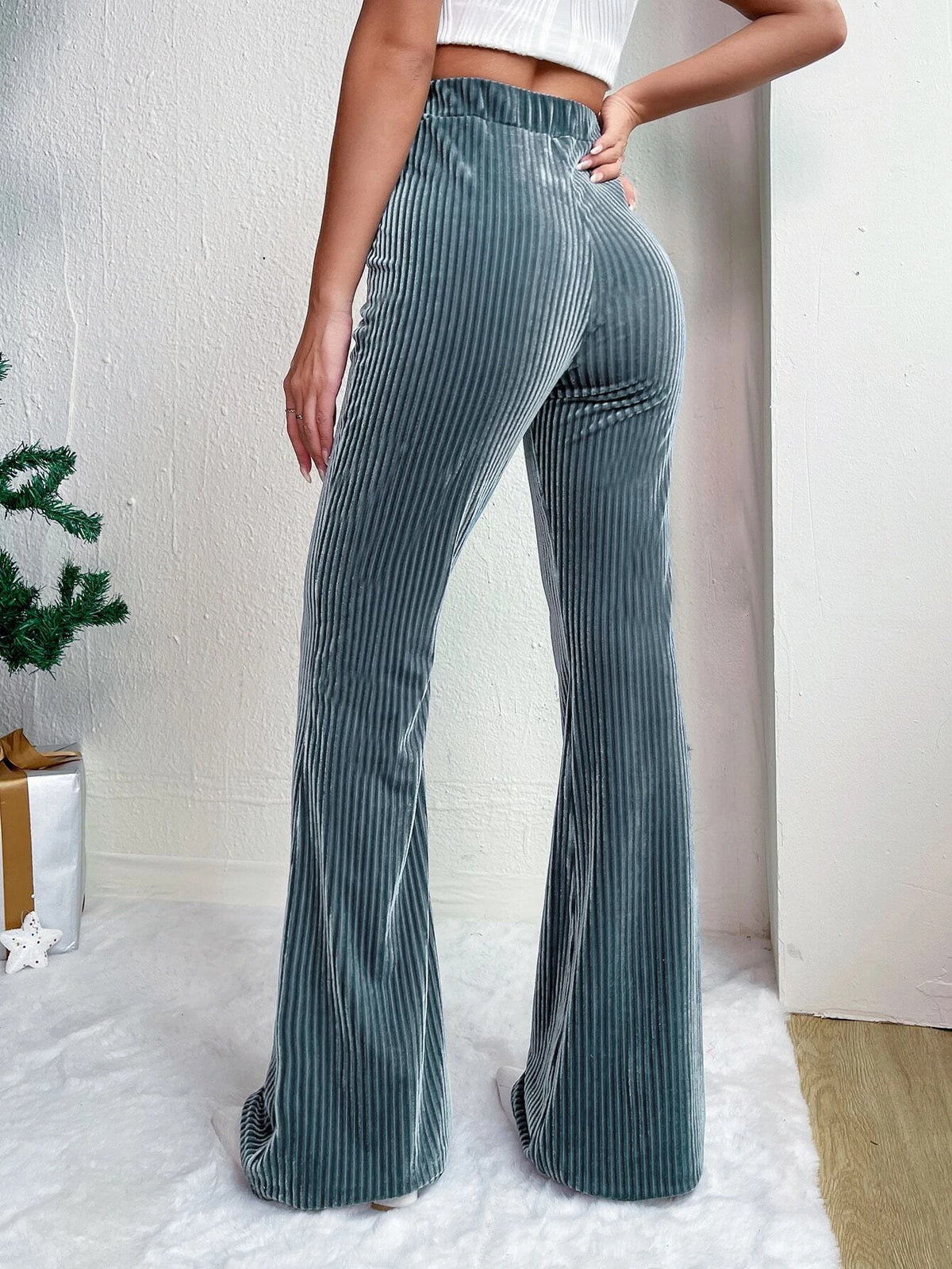 High Rise Ribbed Velvet Flare Pants - HazeBlue - 1
