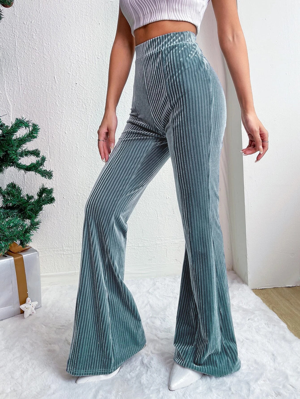 High Rise Ribbed Velvet Flare Pants - HazeBlue - 3