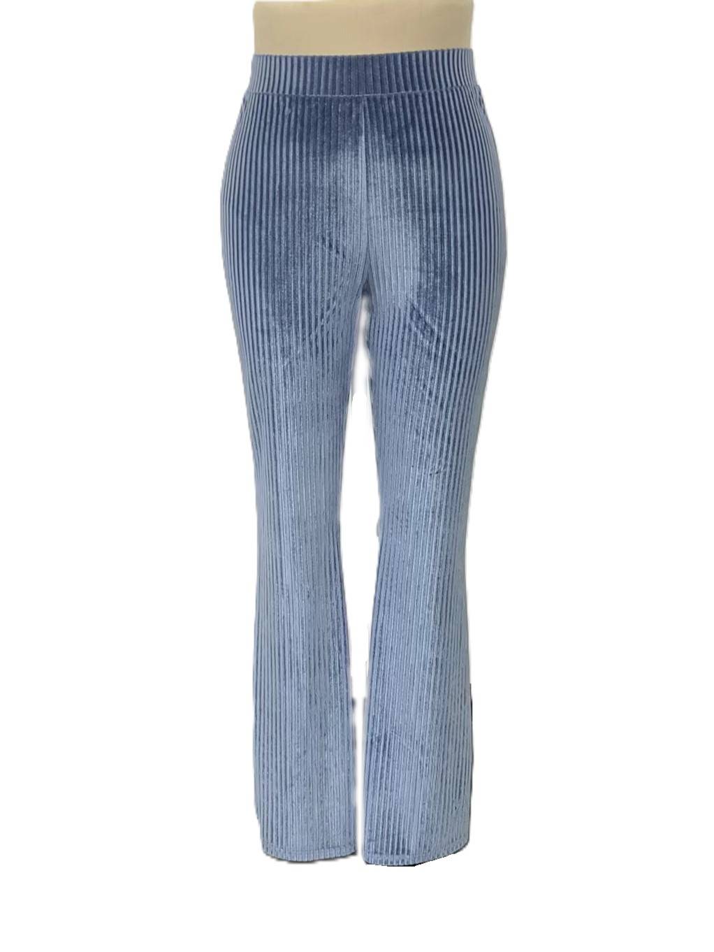 High Rise Ribbed Velvet Flare Pants - HazeBlue - 4