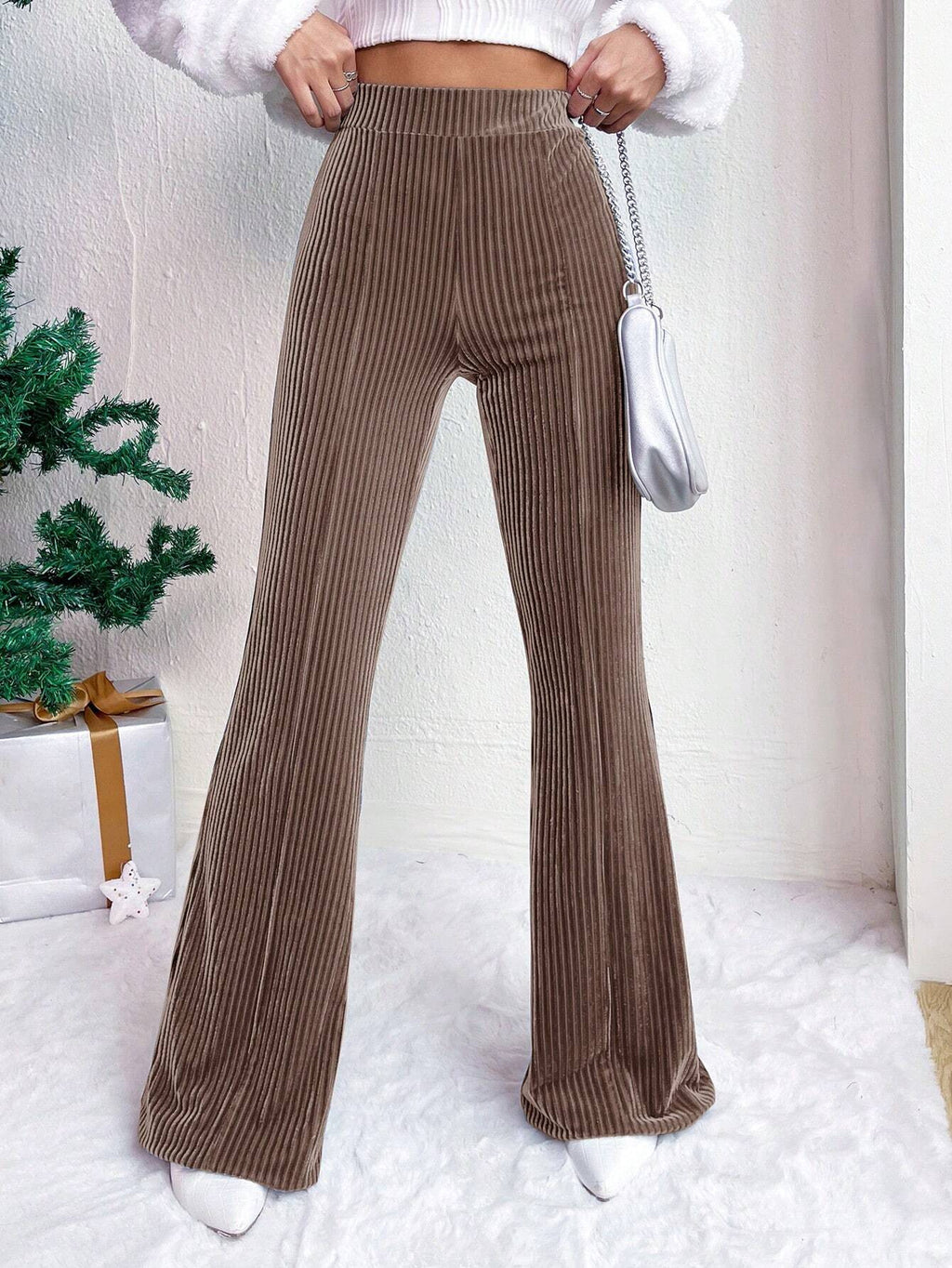 High Rise Ribbed Velvet Flare Pants - Khaki