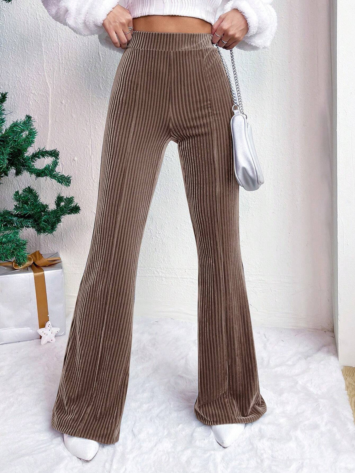 High Rise Ribbed Velvet Flare Pants - Khaki