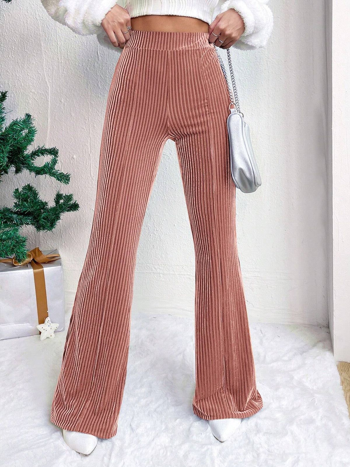 High Rise Ribbed Velvet Flare Pants - Pink
