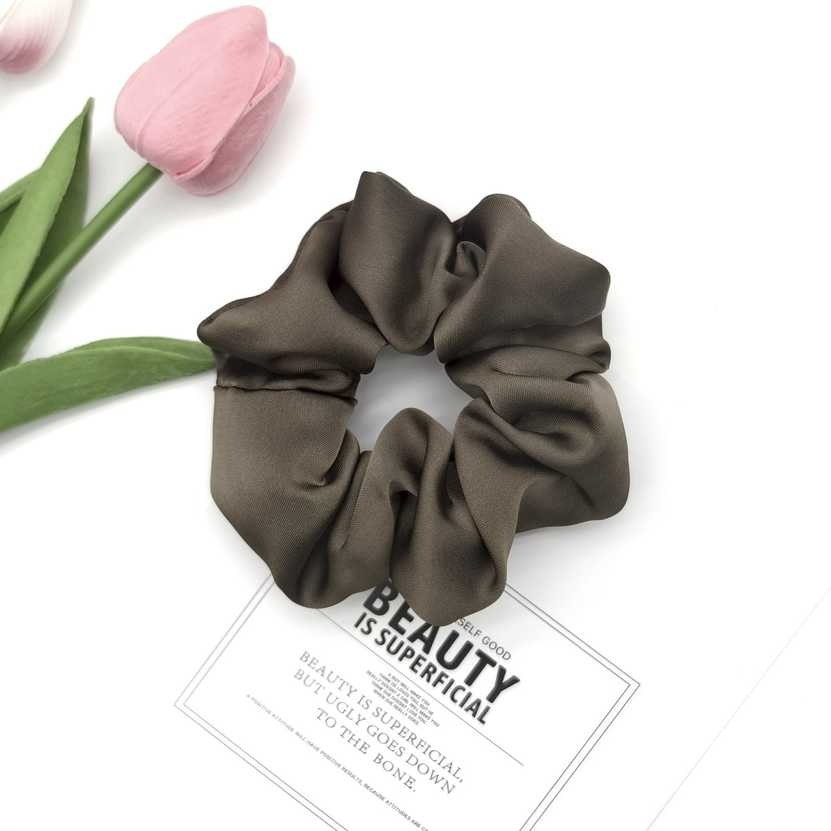 Oversized Smooth Satin Scrunchie - Brown