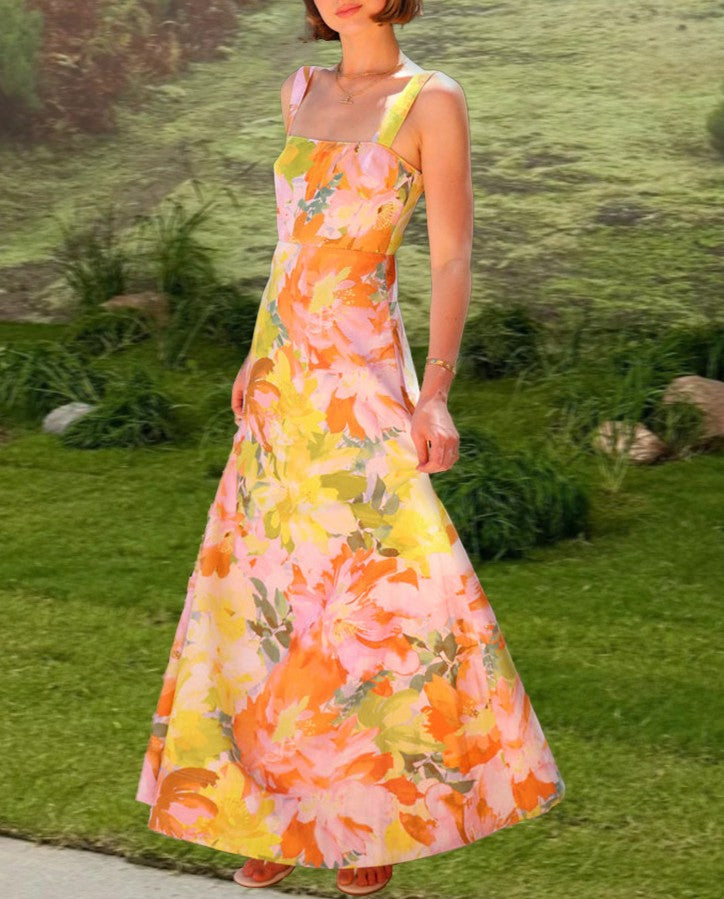 Floral Print Square Neck Maxi Slip Dress - Orange