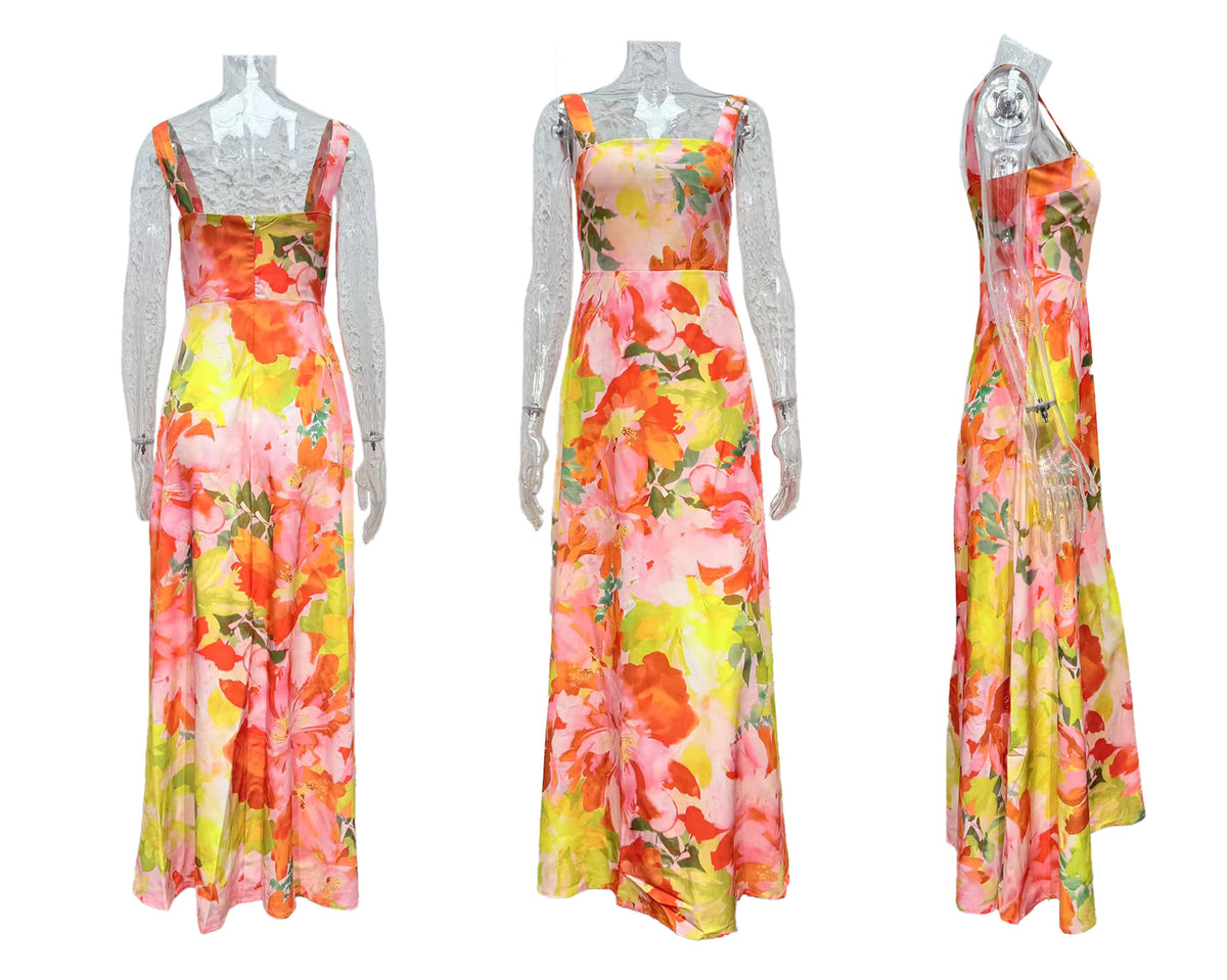 Floral Print Square Neck Maxi Slip Dress - Orange - 1