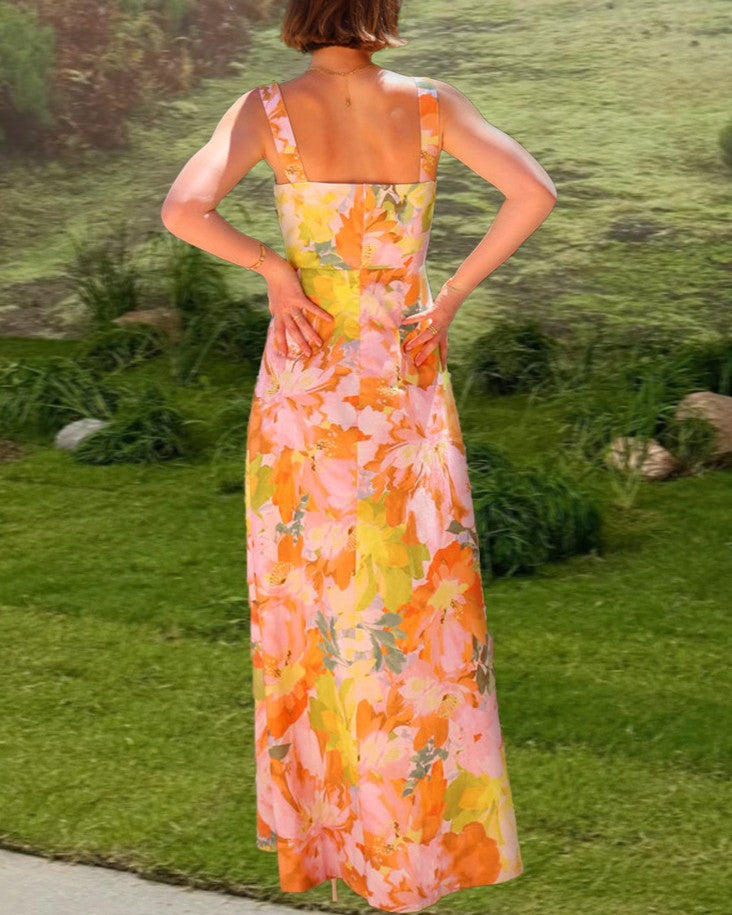 Floral Print Square Neck Maxi Slip Dress - Orange - 2