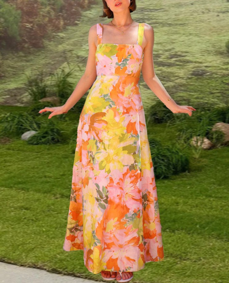 Floral Print Square Neck Maxi Slip Dress