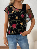 Sheer Lace Overlay Cold Shoulder T-Shirt - Flower_B