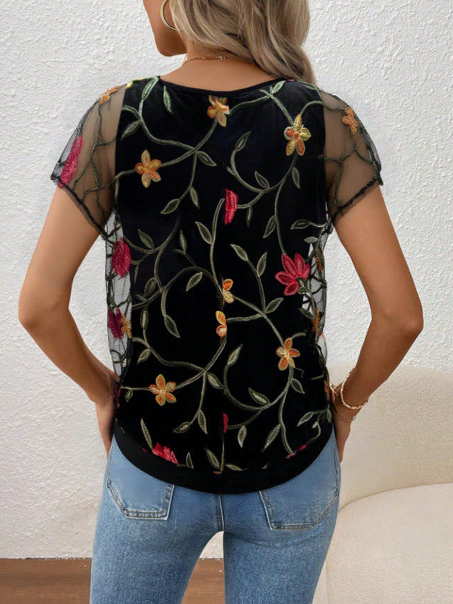 Sheer Lace Overlay Cold Shoulder T-Shirt - Flower_B - 1