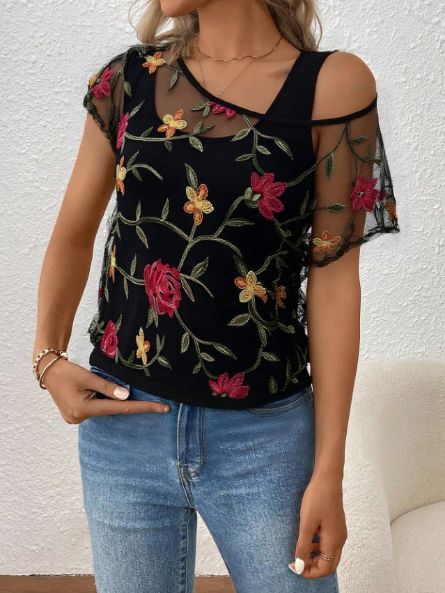 Sheer Lace Overlay Cold Shoulder T-Shirt - Flower_B - 2