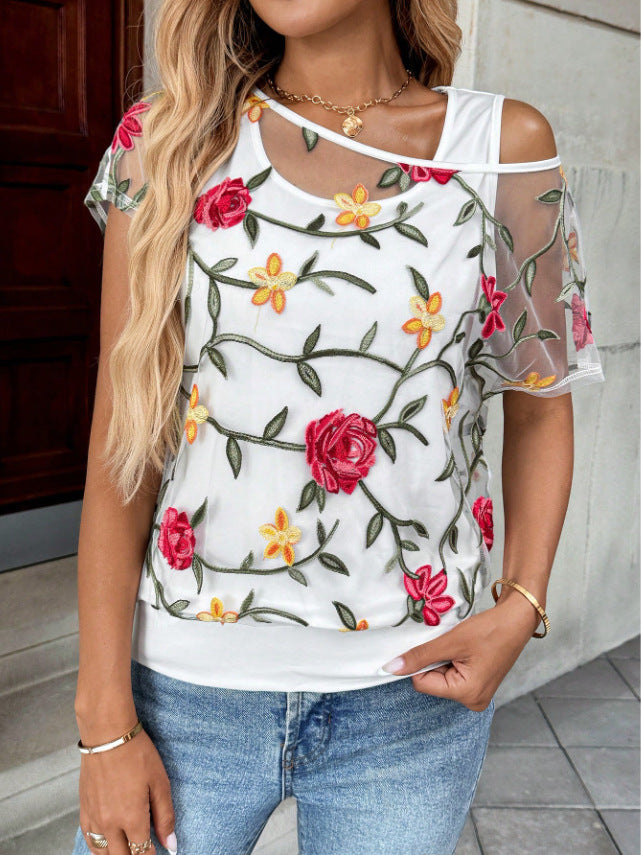 Sheer Lace Overlay Cold Shoulder T-Shirt - Flower_W