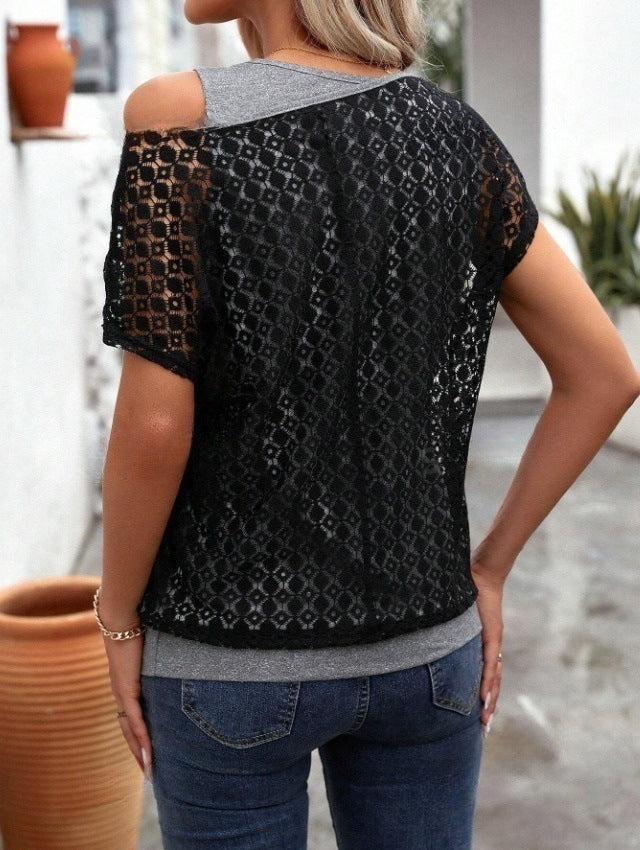 Sheer Lace Overlay Cold Shoulder T-Shirt - Grey - 1