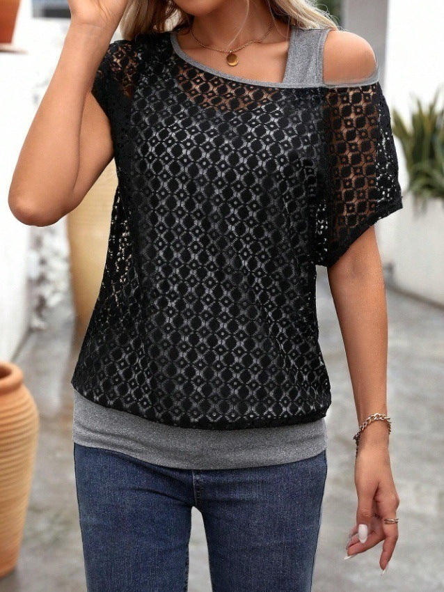 Sheer Lace Overlay Cold Shoulder T-Shirt - Grey - 2