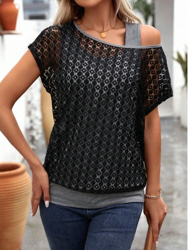 Sheer Lace Overlay Cold Shoulder T-Shirt - Grey - 3