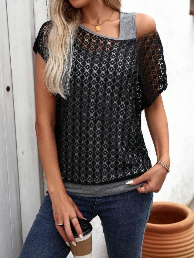 Sheer Lace Overlay Cold Shoulder T-Shirt - Grey - 4