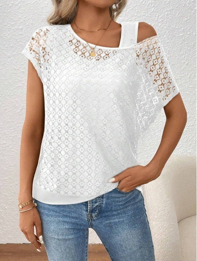 Sheer Lace Overlay Cold Shoulder T-Shirt - White