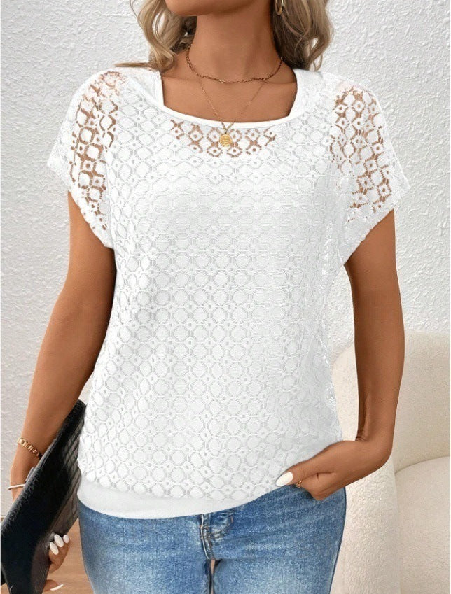 Sheer Lace Overlay Cold Shoulder T-Shirt - White - 1