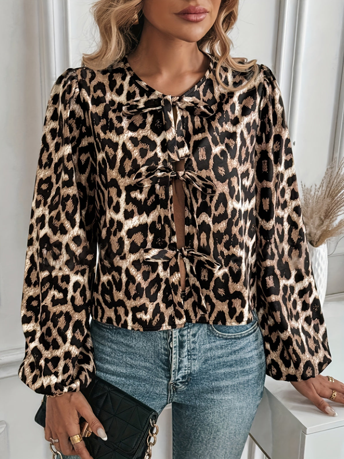 Leopard Balloon Sleeve Tie Front Blouse - Leopard
