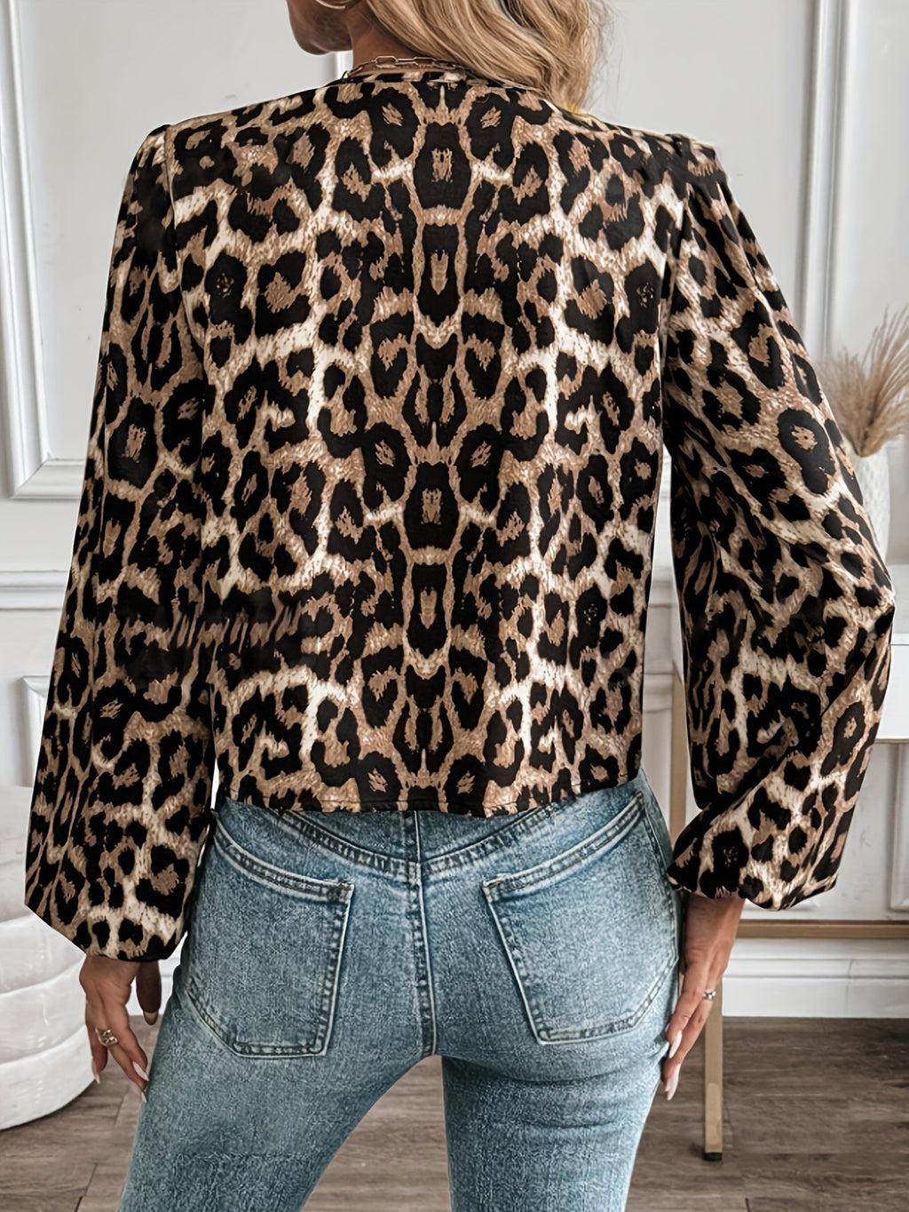 Leopard Balloon Sleeve Tie Front Blouse - Leopard - 1