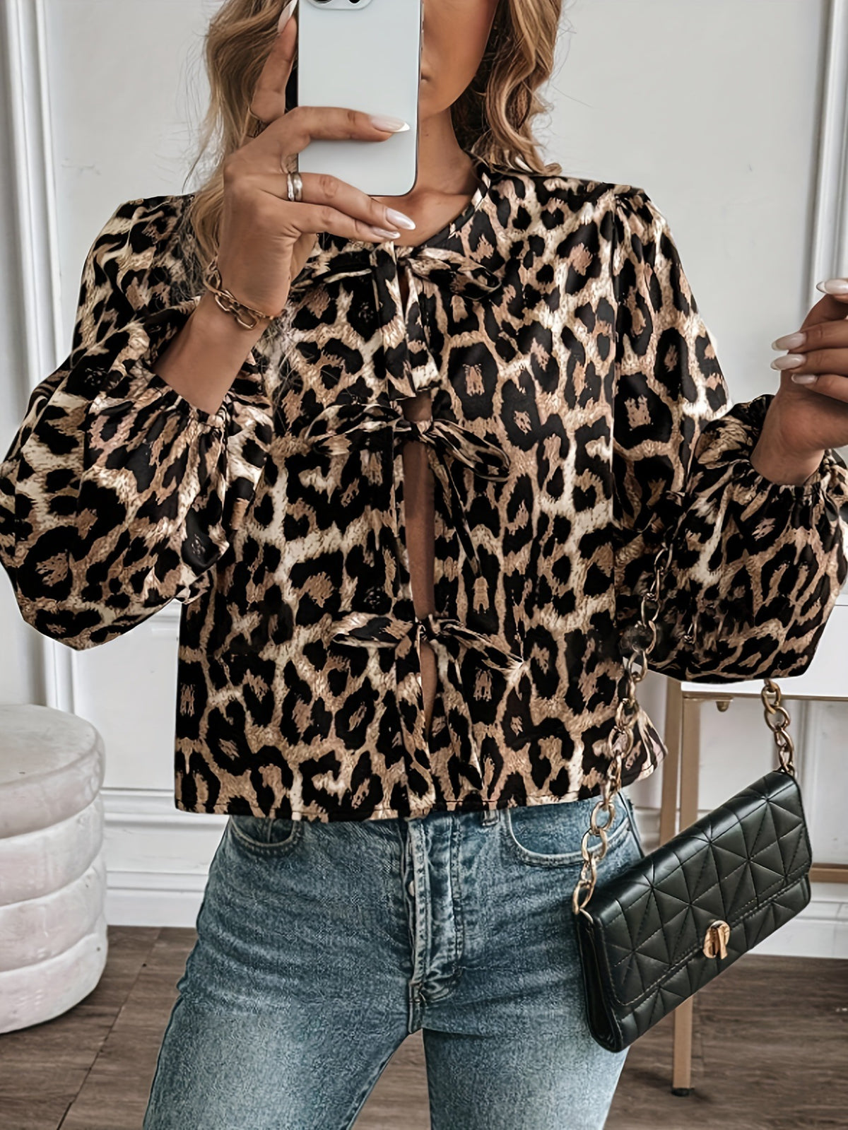 Leopard Balloon Sleeve Tie Front Blouse - Leopard - 2